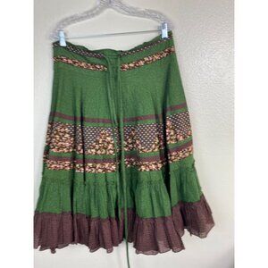 Artka Womens Green Brown Peasant Tiered Ruffle Skirt size Medium Lagenlook Artsy